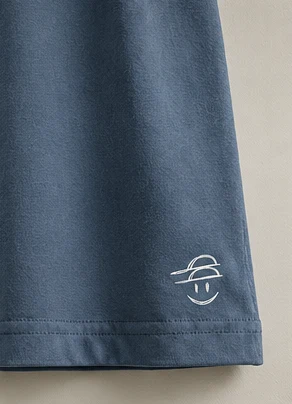 Hat on Hat prototype tee: Hem, Denim tee, near the hem